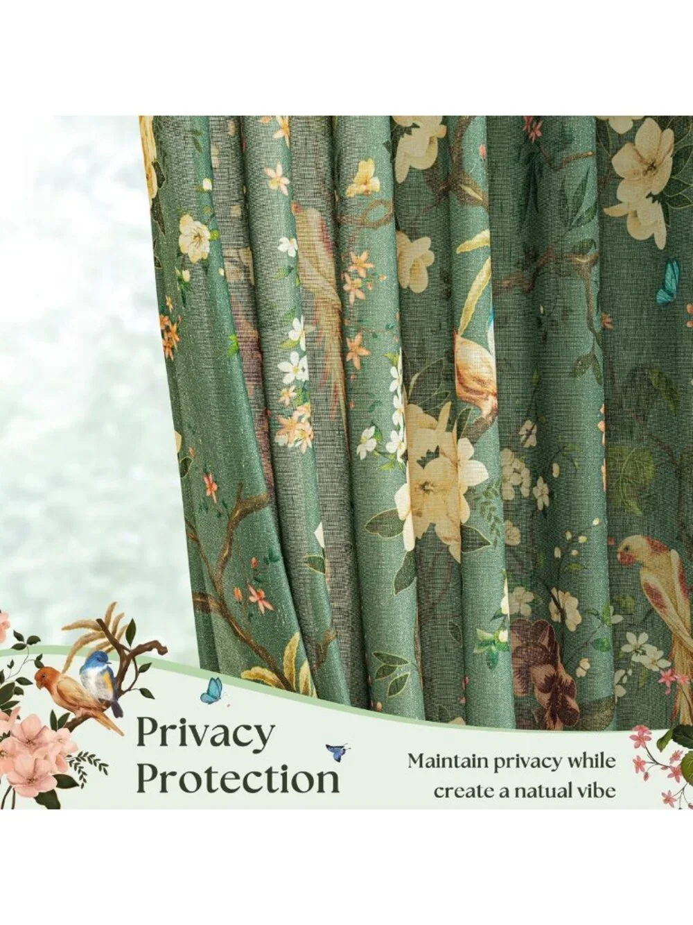 Dark Green Floral Linen Curtains 96